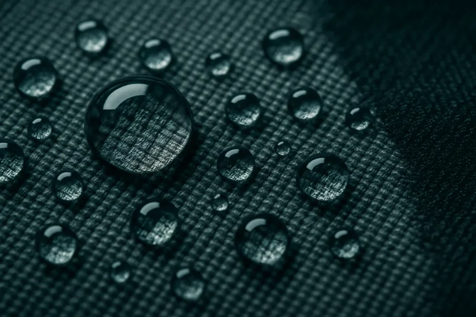 Krople wody utrzymujące kulisty kształt na ciemnej tkaninie technicznej z wykończeniem hydrofobowym, widoczna struktura splotu